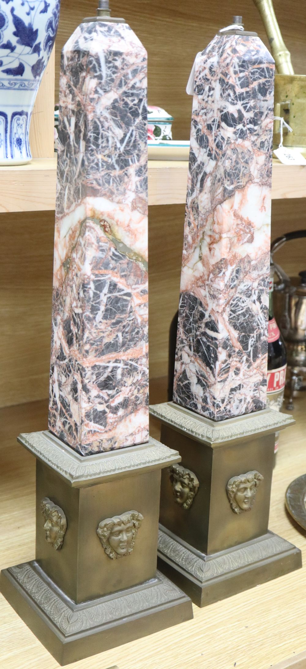 A pair of obelisk marble and brass lamp bases, overall height 63cm